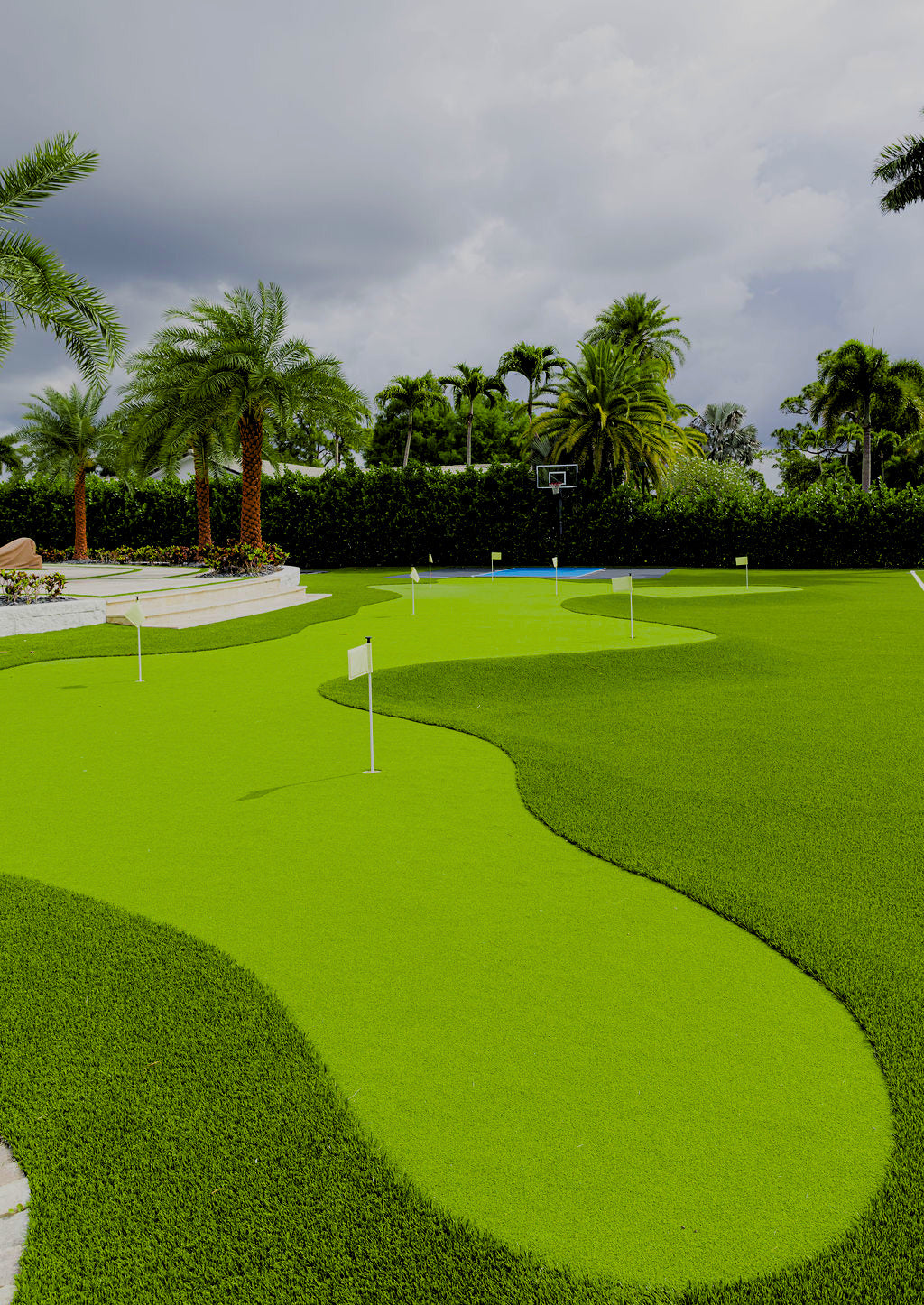 Golf putting green with palm trees and a cloudy sky