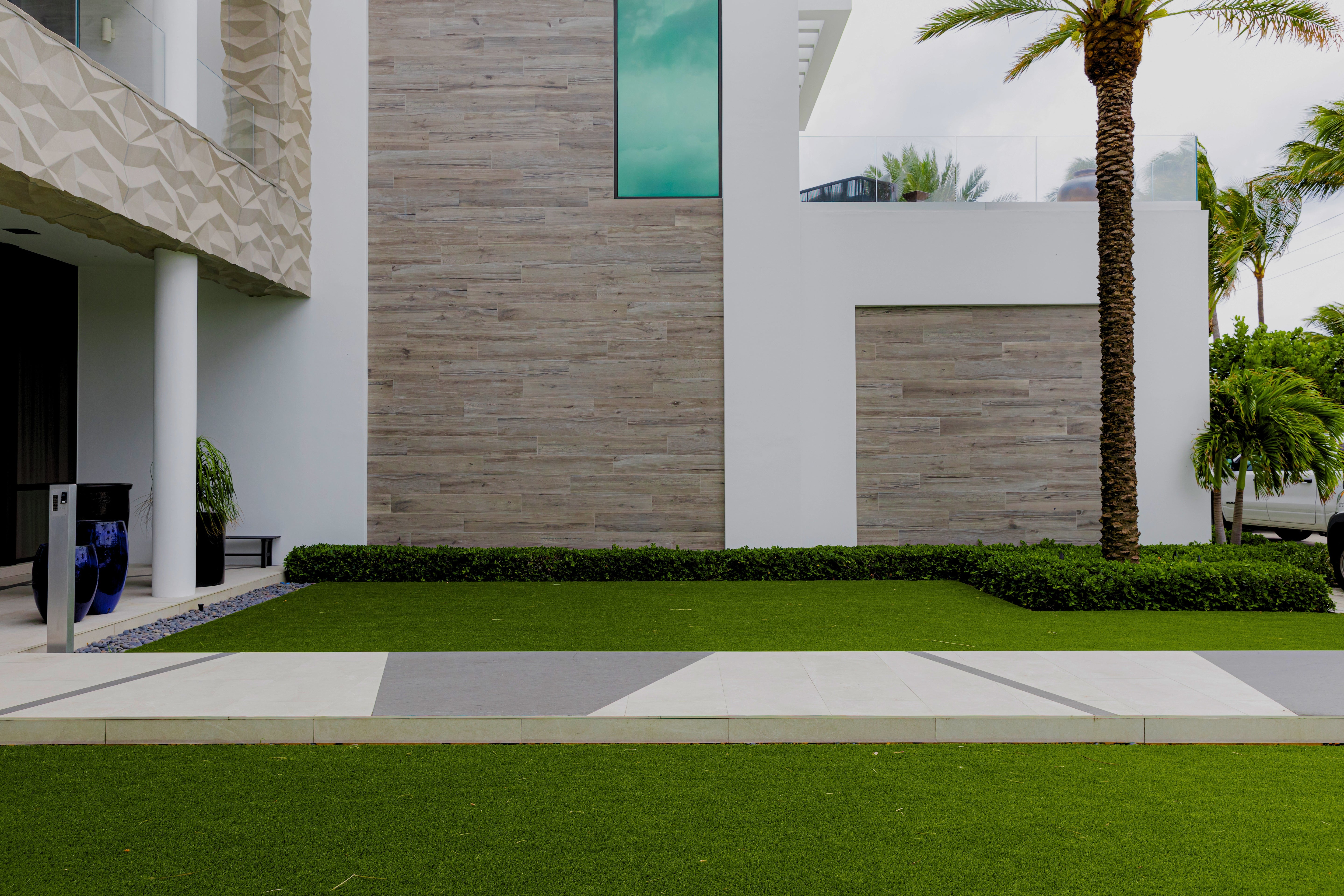 Modern building exterior with a palm tree and green lawn